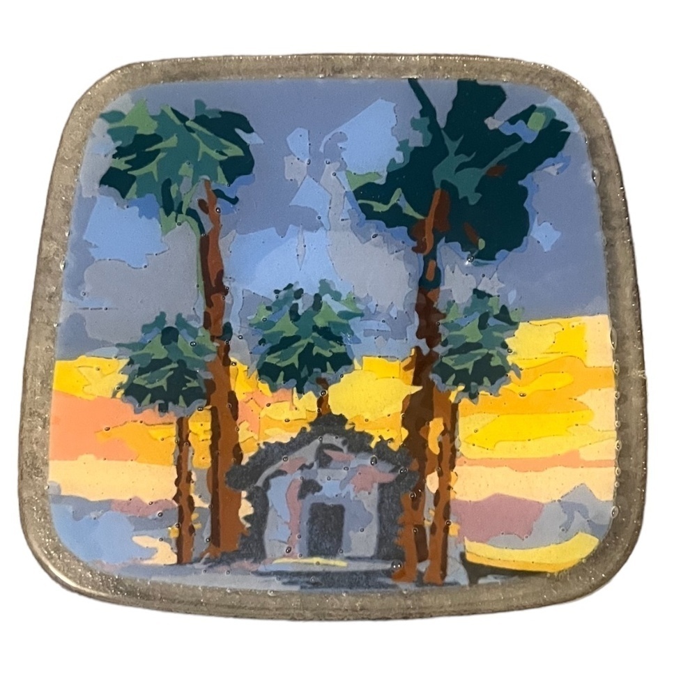 PEGGY‎ KARR Fused Art Glass Square Plates Beach Hut Palm Trees 2009 Hawaii